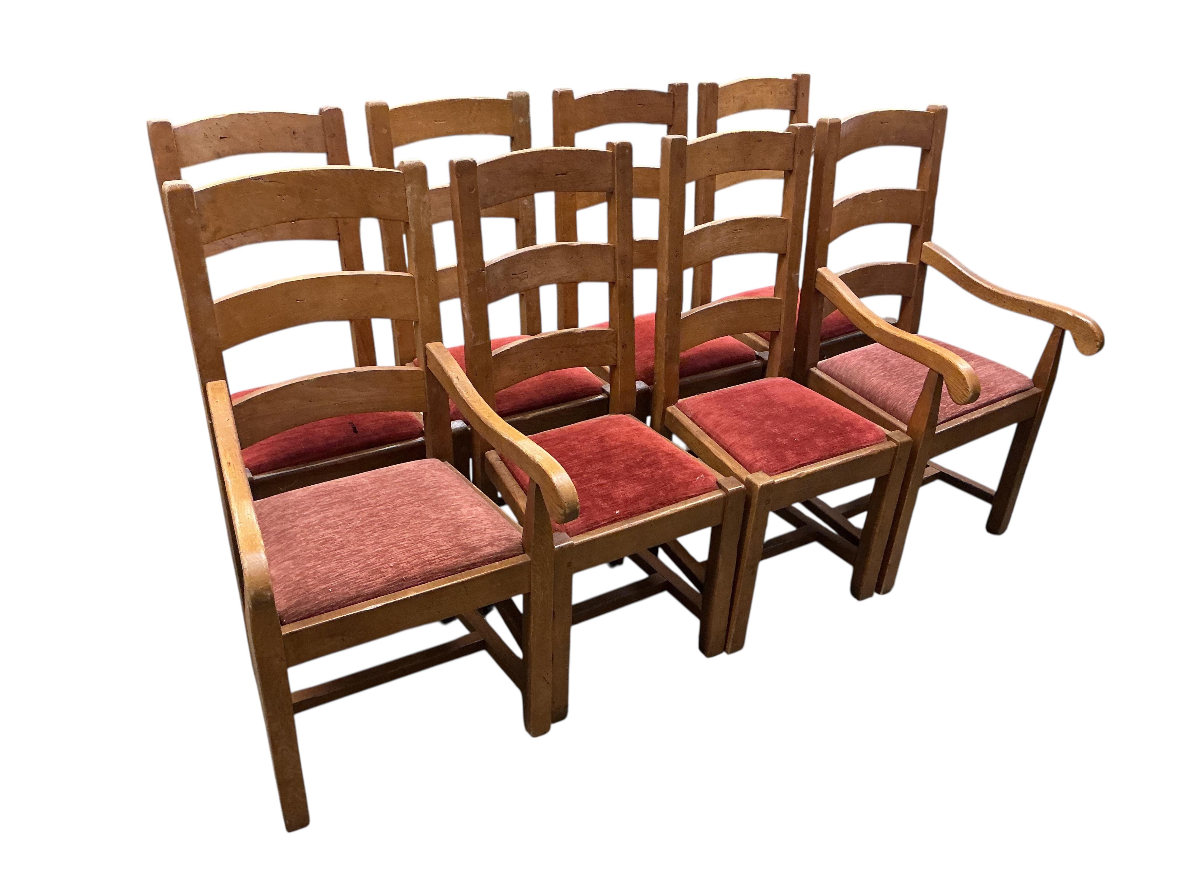 A Contemporary rectangular oak extending refectory dining table, width 320cm extended, two detachable end leaves, depth 100cm, height 76cm together with eight matching ladderback dining chairs, two with arms
